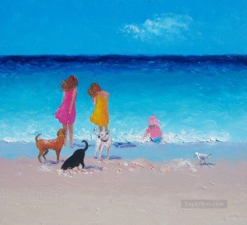  chicas Pintura - Niñas y perros en la playa. Impresionismo infantil.